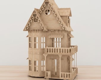 Archivo de corte láser para casa gótica en miniatura, casa encantada 3D SVG DXF, modelo arquitectónico de madera para Glowforge CNC.