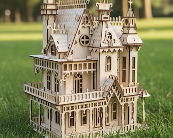 Archivo de corte láser de casa victoriana, plantilla SVG DXF de mansión en miniatura de madera (vídeo de montaje/PDF)
