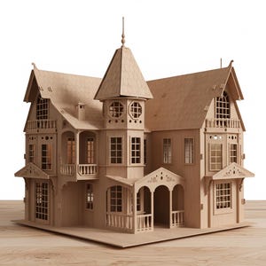 May include: A detailed wooden dollhouse with multiple stories, a tower, and intricate architectural details. The dollhouse features numerous windows, balconies, and a porch, all crafted from light-colored wood. The design is reminiscent of a Victorian-era home.