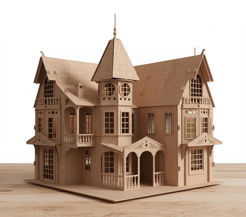 May include: A detailed wooden dollhouse with multiple stories, a tower, and intricate architectural details. The dollhouse features numerous windows, balconies, and a porch, all crafted from light-colored wood. The design is reminiscent of a Victorian-era home.