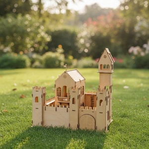 May include: A wooden castle model with a detailed design, including turrets, a gate, and windows. The castle is made of light-colored wood and sits on a bed of green grass, with a blurred background of trees and sunlight.