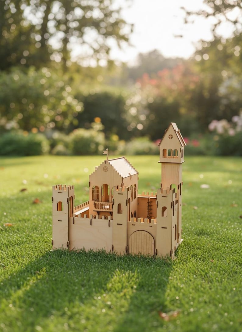 May include: A wooden castle model with a detailed design, including turrets, a gate, and windows. The castle is made of light-colored wood and sits on a bed of green grass, with a blurred background of trees and sunlight.