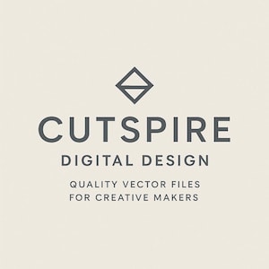 Pu&ograve; includere: Un logo con la parola "CUTSPIRE" in grigio scuro, sotto la quale si legge "DIGITAL DESIGN". Sotto, il testo recita "QUALITY VECTOR FILES FOR CREATIVE MAKERS". In alto, una forma a diamante grigia.