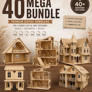 Pode incluir: Um pacote de download digital com 40 designs de corte a laser e CNC para casas de bonecas. A imagem exibe seis modelos diferentes de casas de bonecas de madeira com vários estilos arquitetônicos, incluindo varandas, escadas e janelas, ao lado de ícones de formatos de arquivo.
