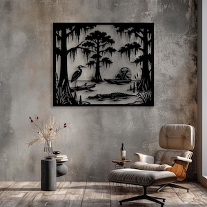 Arte mural de los Everglades de Florida SVG / Paisaje de pantano DXF / Archivo de corte láser de caimán y aerodeslizador / Escena natural vectorial CNC / Descarga digital