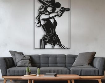 Cowgirl Gunslinger Silhouette Wall Art | Wild West Laser Cut File (SVG, DXF)