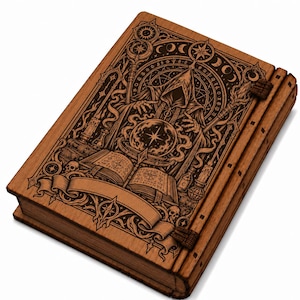 May include: A rectangular wooden book cover featuring a laser-engraved illustration of a hooded figure holding a staff over a glowing crystal ball. The design includes an open book, skulls, candles, and celestial symbols with a blank banner at the bottom.