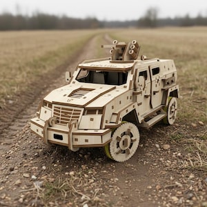 May include: A wooden model of a military vehicle, featuring intricate laser-cut details. The vehicle has a gun turret, detailed wheels, and a front bumper. The model is light brown and sits on a dirt path, with a blurred background of a field.
