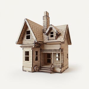 3D Trästuga SVG | Laserskurna Älvor Hus | DIY Dockhus Kit DXF | Julbyplan