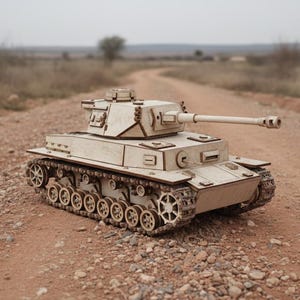 May include: A detailed wooden model tank, with intricate cut-out details. The tank is light brown and sits on a dirt track, showcasing its tracks and turret. The model tank is a miniature replica of a military vehicle.