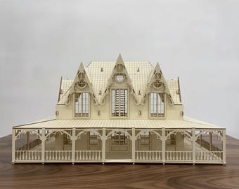 Victorian Gothic Cottage 3D Puzzle SVG File | Laser Cut Wooden Dollhouse Template | Country Farmhouse Mansion DXF Plan | Assembly Video