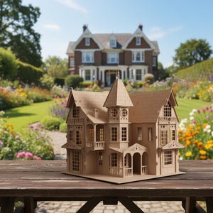 May include: A detailed, unpainted miniature house model with multiple stories, a tower, and intricate window designs. The model is made of light brown cardboard and sits on a wooden table, with a large house and garden in the background.