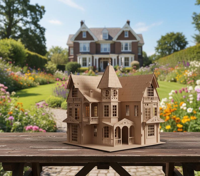 May include: A detailed, unpainted miniature house model with multiple stories, a tower, and intricate window designs. The model is made of light brown cardboard and sits on a wooden table, with a large house and garden in the background.