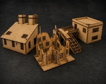 Industrial Ruins Terrain SVG | Wargaming Building DXF | Post-Apocalyptic Scenery Laser Cut | 28mm Tabletop Model | Ruined House CNC Plans