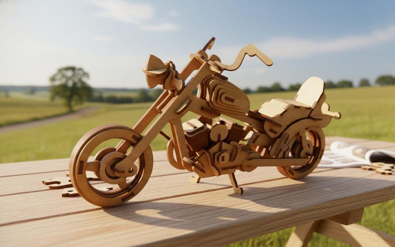 Chopper Motorcykel SVG | 3D Träpussel Laserskurna Filer | Biker Presentidé | Cruiser Motorcykel Modellbyggsats DXF | DIY Leksaksritning för Glowforge bild 6