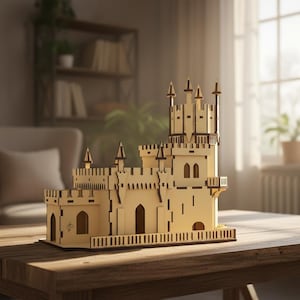 Pu&ograve; includere: Un modello di castello in legno con pi&ugrave; torri, finestre ad arco e una facciata dettagliata. Il castello &egrave; realizzato in legno di colore chiaro e poggia su un tavolo di legno. Il modello &egrave; una rappresentazione dettagliata di un castello.