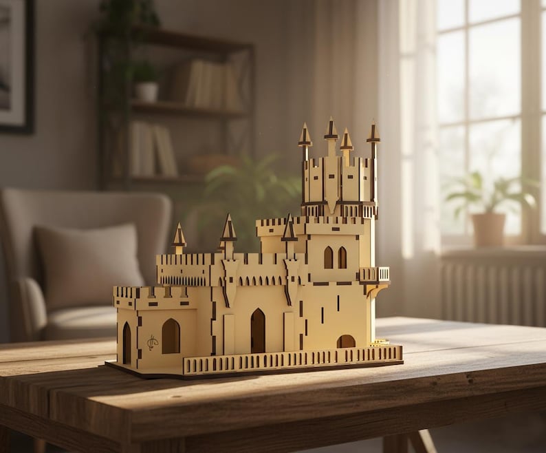 Pu&ograve; includere: Un modello di castello in legno con pi&ugrave; torri, finestre ad arco e una facciata dettagliata. Il castello &egrave; realizzato in legno di colore chiaro e poggia su un tavolo di legno. Il modello &egrave; una rappresentazione dettagliata di un castello.
