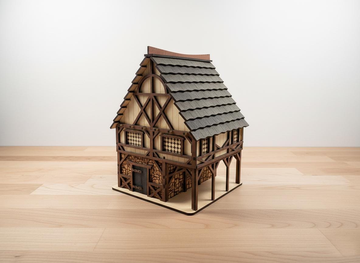 3Dペーパーハウス(trois dimensions) Medieval House 3D Puzzle Laser Cut Files, RPG Terrain SVG, Tudor