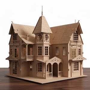 May include: A detailed wooden dollhouse with multiple stories, a tower, and balconies. The dollhouse features numerous windows, a porch, and intricate architectural details. The natural wood color gives it a classic, timeless look. The dollhouse sits on a dark wooden surface.
