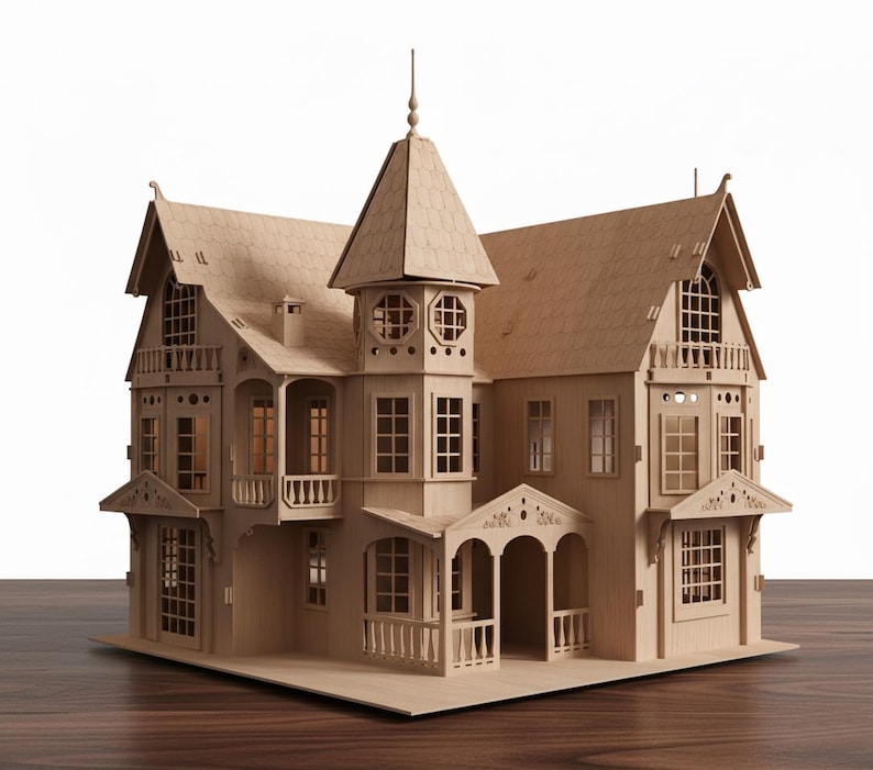 May include: A detailed wooden dollhouse with multiple stories, a tower, and balconies. The dollhouse features numerous windows, a porch, and intricate architectural details. The natural wood color gives it a classic, timeless look. The dollhouse sits on a dark wooden surface.