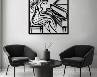 Abstrakter Pianist SVG | Klavier Frau Wand Kunst | Laser Cut Dateien | Metall Wand Dekor DXF | Weibliche Linie Kunst | CNC-Plasma-Design