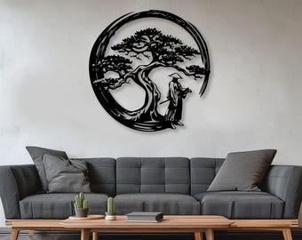 Samurai Bonsai Tree Wall Art | Japanese Zen Enso Circle Silhouette (Digital Download)