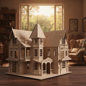 May include: A detailed, unfinished wooden dollhouse with multiple stories, balconies, and a tower. The miniature house features numerous windows and intricate architectural details, set on a wooden surface. The background shows a blurred interior.