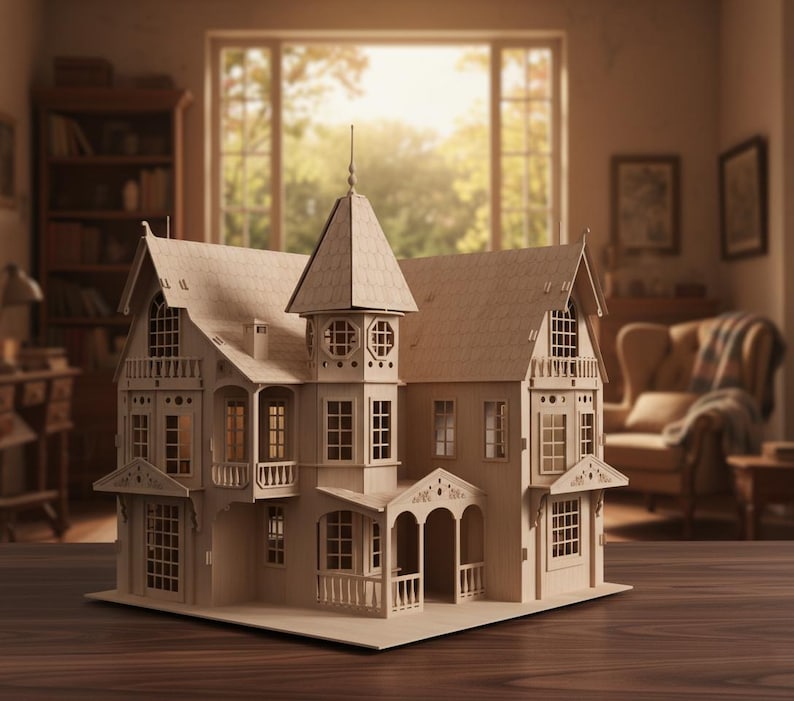 May include: A detailed, unfinished wooden dollhouse with multiple stories, balconies, and a tower. The miniature house features numerous windows and intricate architectural details, set on a wooden surface. The background shows a blurred interior.