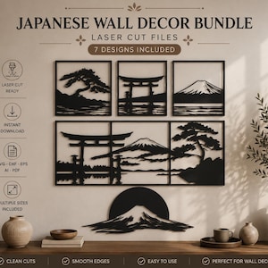 May include: A black laser-cut wall decor bundle with seven Japanese designs. The images include Mount Fuji, torii gates, and bonsai trees. The text reads "JAPANESE WALL DECOR BUNDLE" and "LASER CUT FILES".