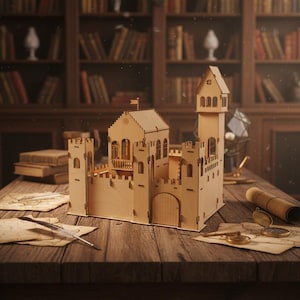 May include: A wooden castle model with a tower, battlements, and arched windows sits on a wooden table. The model is surrounded by antique maps, a quill, and a rolled-up scroll. The background features a library with bookshelves filled with books.