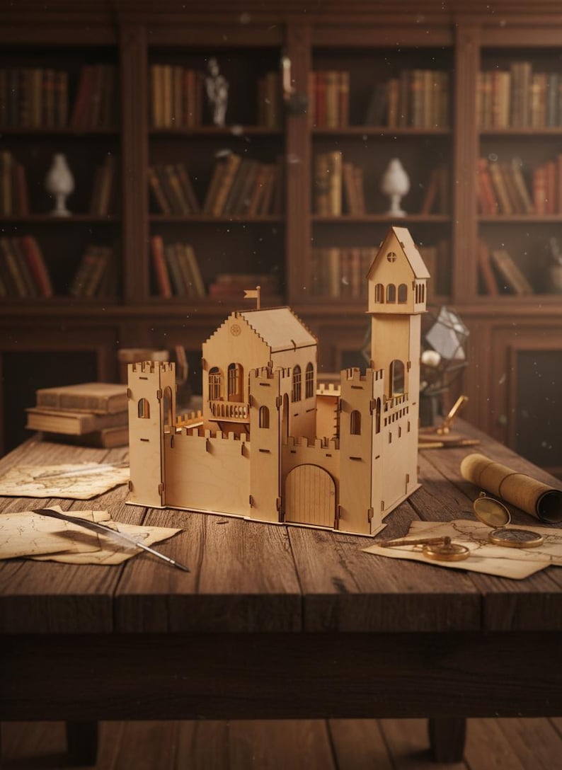 May include: A wooden castle model with a tower, battlements, and arched windows sits on a wooden table. The model is surrounded by antique maps, a quill, and a rolled-up scroll. The background features a library with bookshelves filled with books.