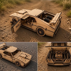 以下が含まれることがあります： レーザーカットされた木製のモデルカーで、運転席側のドアが開いており、リアスポイラーと詳細なインテリアパーツが特徴です。ボンネットが開いた状態のエンジンルーム、マルチスポークホイール、複雑なボディパネルが確認できます。