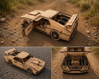 SVG-plan Muscle Car | 3D houten auto DXF | Street Racer-modelset | Mechanische speelgoedpuzzel | Lasergesneden blauwdruk | Voertuig | Snijspits: