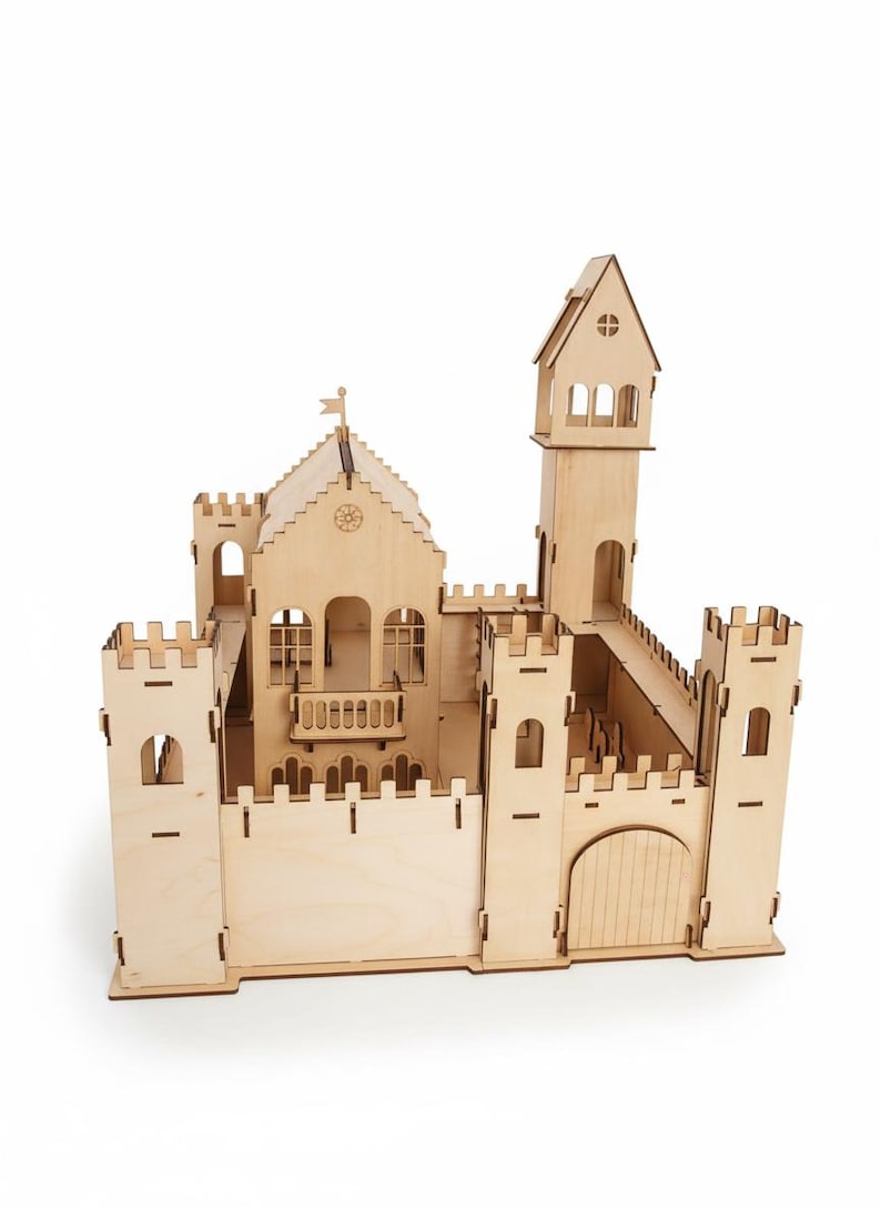 May include: A wooden castle model with multiple towers, battlements, and a gate. The castle features a tall tower with a small flag and a detailed facade. The natural wood color gives it a classic, timeless look. A fun toy for kids.