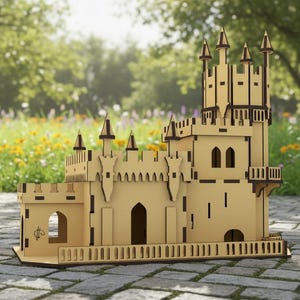Pu&ograve; includere: Un modello di castello in legno tagliato al laser con dettagli intricati, tra cui torri, porte ad arco e un balcone. Il legno marrone chiaro ha accenti marroni pi&ugrave; scuri. Un affascinante oggetto decorativo.