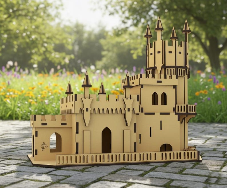 Pu&ograve; includere: Un modello di castello in legno tagliato al laser con dettagli intricati, tra cui torri, porte ad arco e un balcone. Il legno marrone chiaro ha accenti marroni pi&ugrave; scuri. Un affascinante oggetto decorativo.