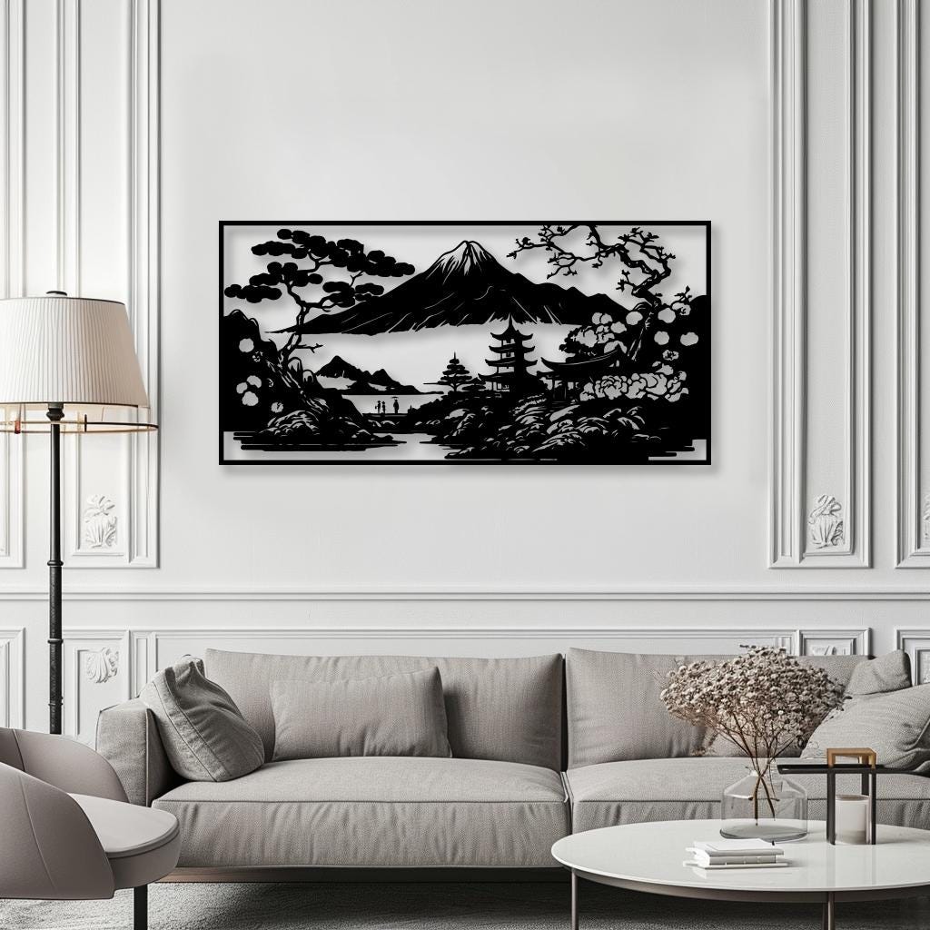 Japanese Landscape Laser Cut Wall Art SVG | Mount Fuji Scene