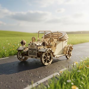 Könnte beinhalten: Ein Holzmodell eines Oldtimer-Ford, mit aufwendigen Details aus Laserschnitt. Das Auto ist hellbraun mit sichtbaren Rädern, Scheinwerfern und einem detaillierten Frontgrill. Das Wort "Ford" ist auf der Vorderseite sichtbar. Das Modell steht auf einer nassen Asphaltstraße.