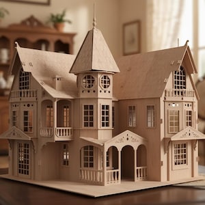 May include: A detailed wooden dollhouse with multiple stories, balconies, and a tower. The miniature house features numerous windows, intricate architectural details, and a natural wood finish. The dollhouse is a charming example of craftsmanship.