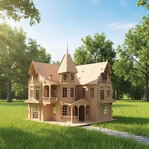 May include: A detailed wooden dollhouse with multiple stories, balconies, and a tower, set in a grassy yard with a stone path. The dollhouse is a light tan color, with many windows and architectural details. The background features green trees and a blue sky.