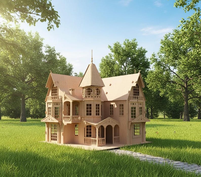 May include: A detailed wooden dollhouse with multiple stories, balconies, and a tower, set in a grassy yard with a stone path. The dollhouse is a light tan color, with many windows and architectural details. The background features green trees and a blue sky.