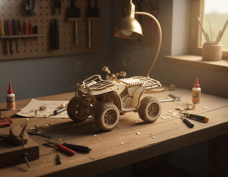 3D ATV Laser Cut Files | Quad Bike Wood Puzzle SvG | Off Road Vehicle Model DXF | DIY Mechanical Toy Plan for Glowforge | Plywood Vector image 6