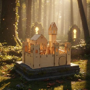 May include: A wooden castle model with a light brown finish, featuring turrets, arched windows, and a gated entrance. The model sits on a stone base in a sunlit forest setting, evoking a fairytale theme. The castle is approximately 12 inches long.