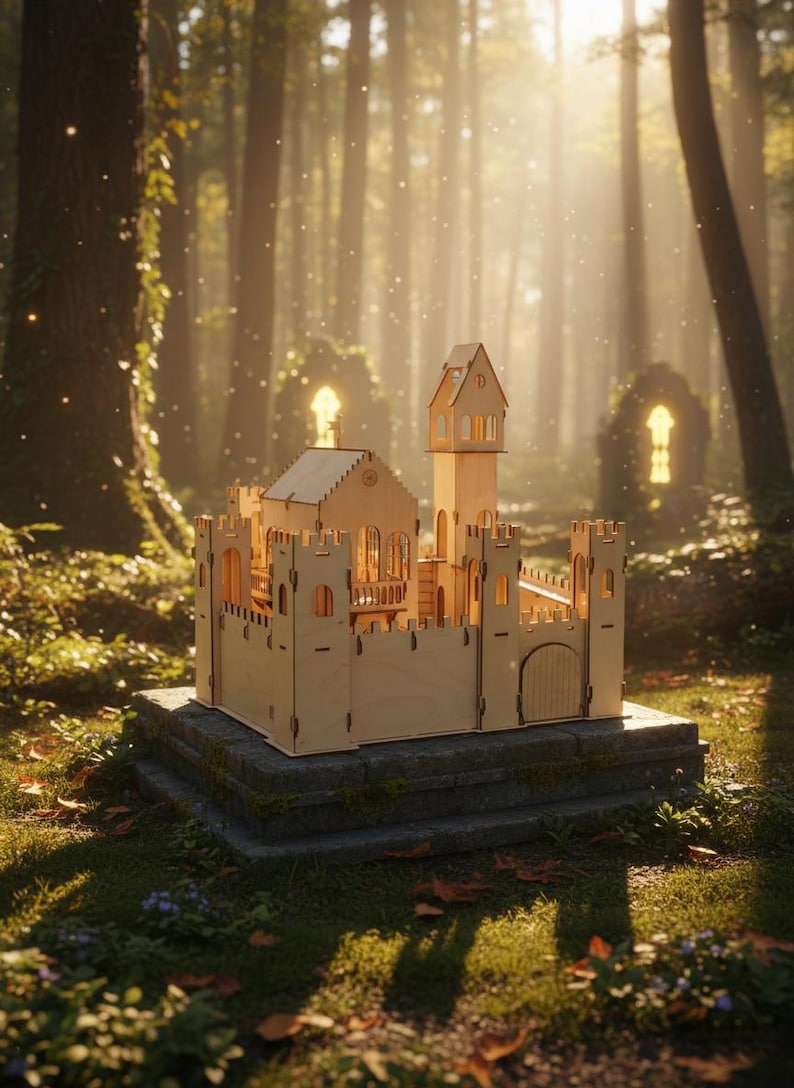 May include: A wooden castle model with a light brown finish, featuring turrets, arched windows, and a gated entrance. The model sits on a stone base in a sunlit forest setting, evoking a fairytale theme. The castle is approximately 12 inches long.