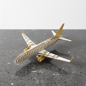 Può includere: Un modello dettagliato di aereo in cartone, con corpo bianco e dettagli marroni e dorati. Le ali e la coda sono dorate. Il modello è posto su una superficie grigia.