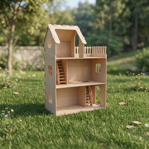 Puede incluir: Una casa de muñecas de madera de tres pisos con un acabado de madera natural en tono bronceado claro, diseño de frente abierto, dos escaleras internas, un balcón en la azotea con barandilla de valla y varias ventanas recortadas en las paredes.