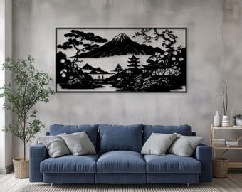 Japanese Landscape Laser Cut Wall Art SVG | Mount Fuji Scene Digital File | Asian Metal - Wood Decor Template | Glowforge & CNC Cut Design