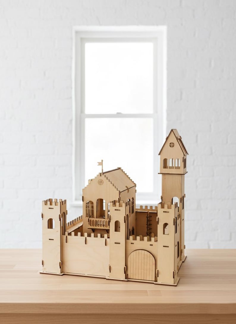 May include: A wooden castle model with a detailed design. The castle features multiple towers, walls, and a gate. The model is made of light-colored wood and sits on a wooden surface. A window is visible in the background.