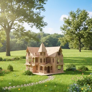 May include: A detailed wooden dollhouse with multiple windows, balconies, and a tower, set on a grassy lawn with a stone path. The dollhouse is light brown and surrounded by green grass, trees, and a blue sky.