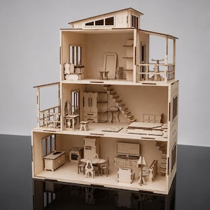 Casa de muñecas de madera SVG / Muebles en miniatura DXF / Casa de muñecas de 3 pisos / Plano de mansión de juguete / Casa de juegos cortada con láser / Kit de casa pequeña / Cutspire
